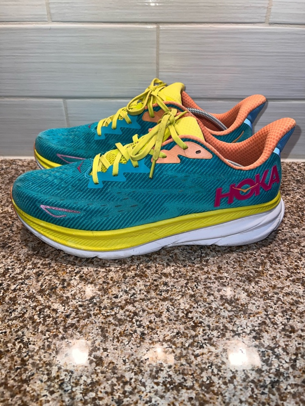 Hoka Teal, Yellow & Coral Running Sneakers